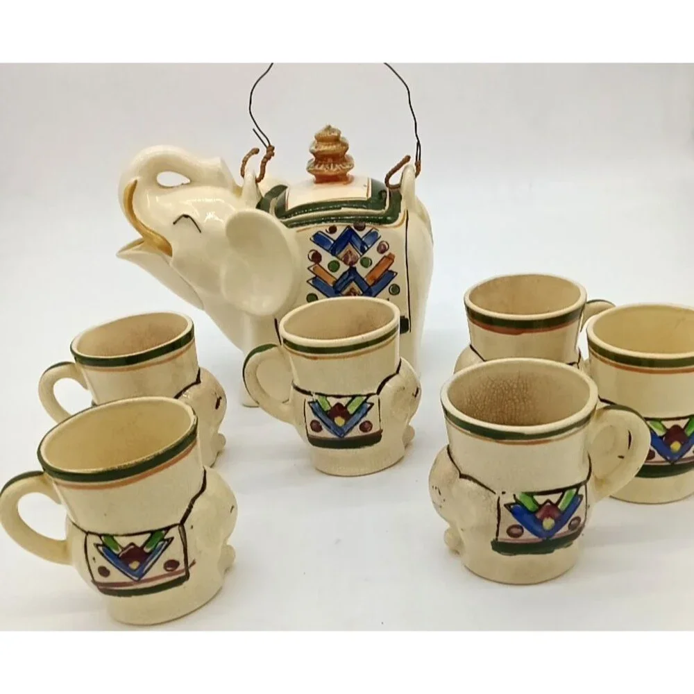 Vintage Japan Porcelain Elephant Hand Painted Pagota Teapot with 6 Matching Cups